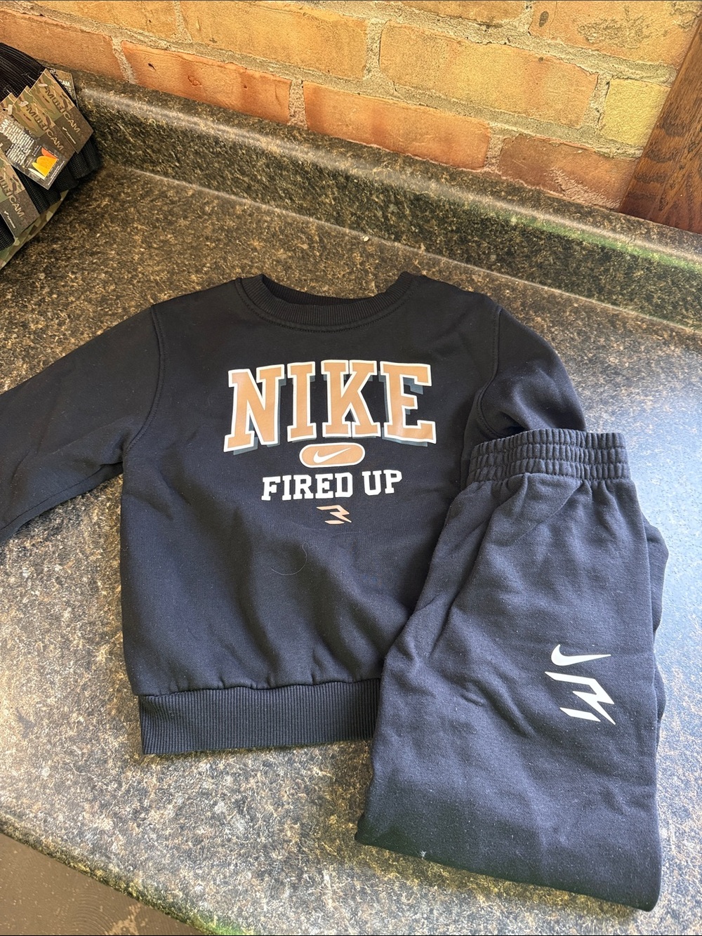 Nike Black Sweatshirt & Joggers 'Fired Up' Set with Tan Logo size 6
